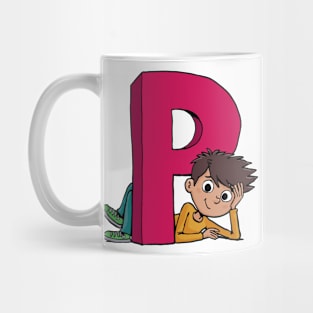 boy lies next to the capital letter P Mug